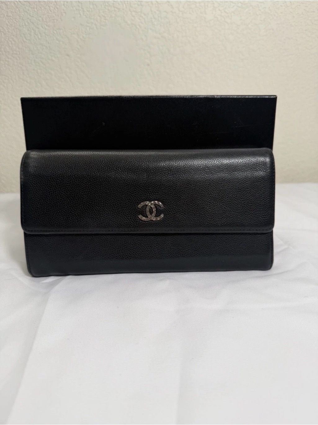 Chanel Black Caviar Leather Flap Wallet With Silver Cc